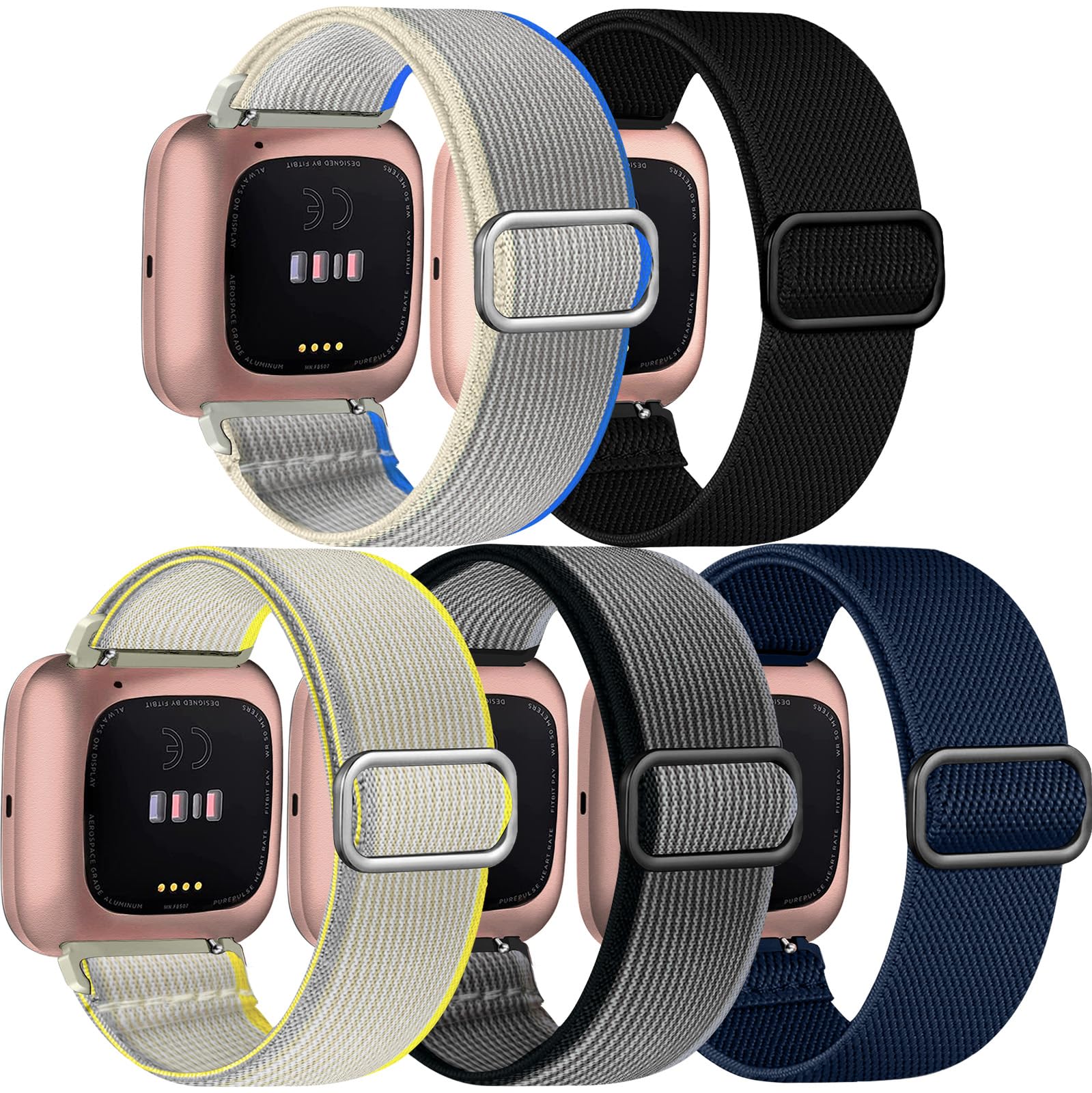 5 -pakning med rem til fitbit versa 2 1 versa lite-rem, justerbar elastisk vevd nylonløkke, sportsklokkerem, fitbit føle-rem: Hvit