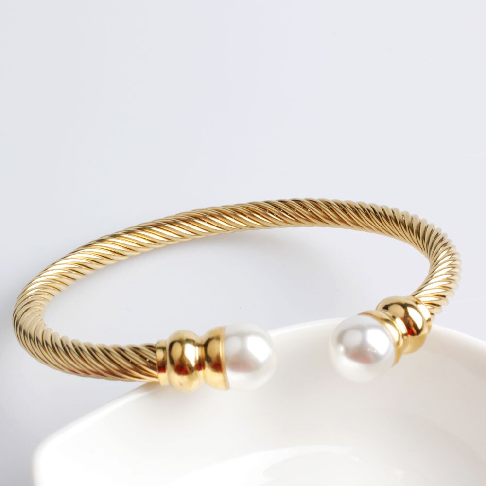 FINE4U B055 Adjustable Pearl Cuff Bracelet Bangles For Women 316L Stainless Steel Twisted Cable Bracelets