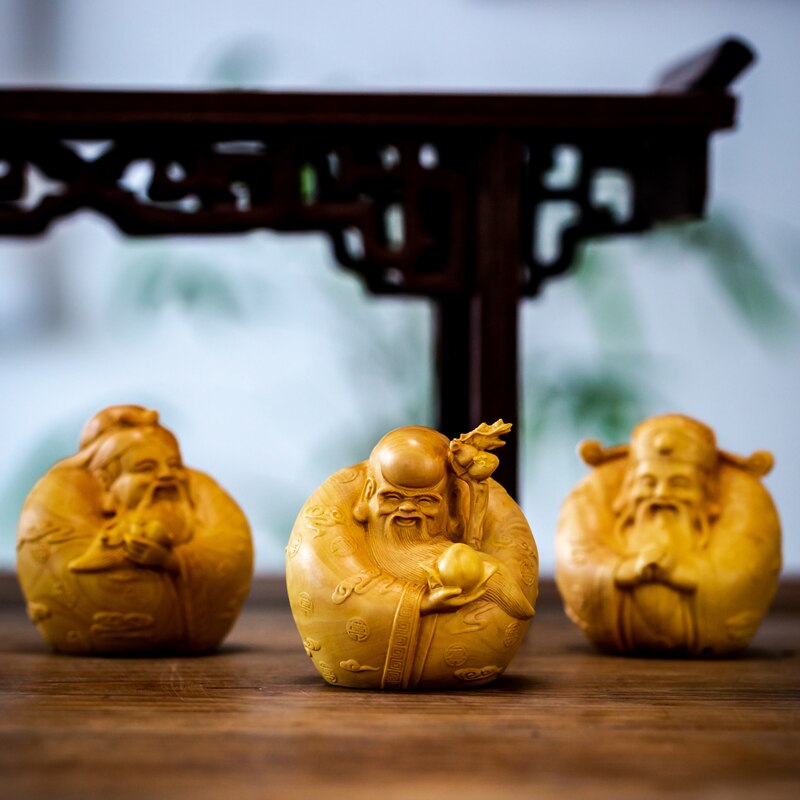6cm 3 stk tre gud skulptur buksbom figur buddha fu lu shou tre stjerner kinesisk lykkebringende trestatue feng shui hjemmeinnredning
