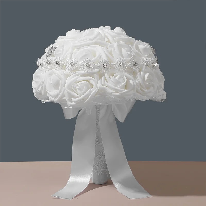 All White Round Wedding Bouquet, Foam Roses Decorated with Sparkle Rhinestone Strips & Wide Satin Ribbon