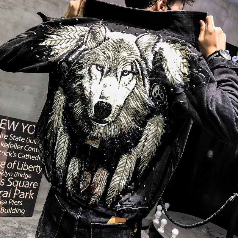 punk style novel wolf embroidery rivet denim jacket men's trend denim jacket street shot men's fit black jacket