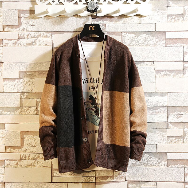 Cardigan genser menn høst vinter gensere plus size herre strikket svart koreansk stil hip hop casual genser: Kaffe / L