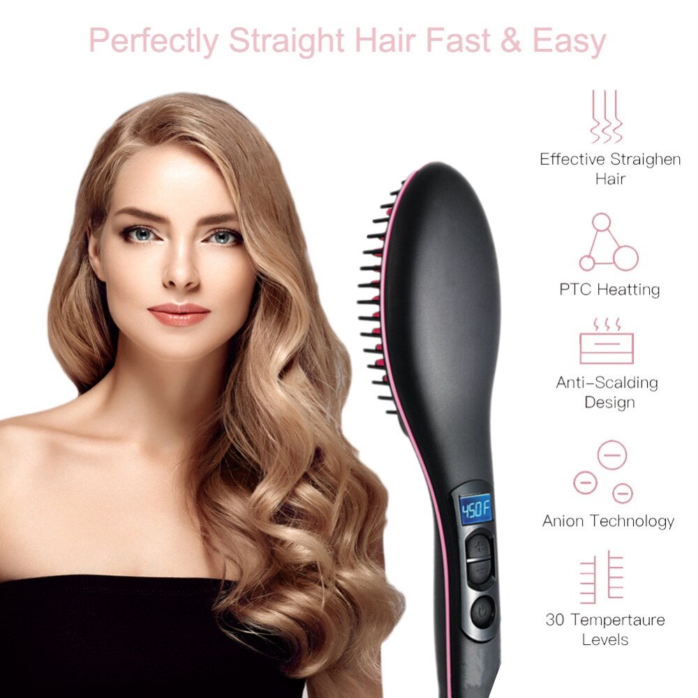 Céramique cheveux lisseur brosse cheveux électrique peigne fer plat numérique chauffage antistatique cheveux brosse chaude outil de coiffure