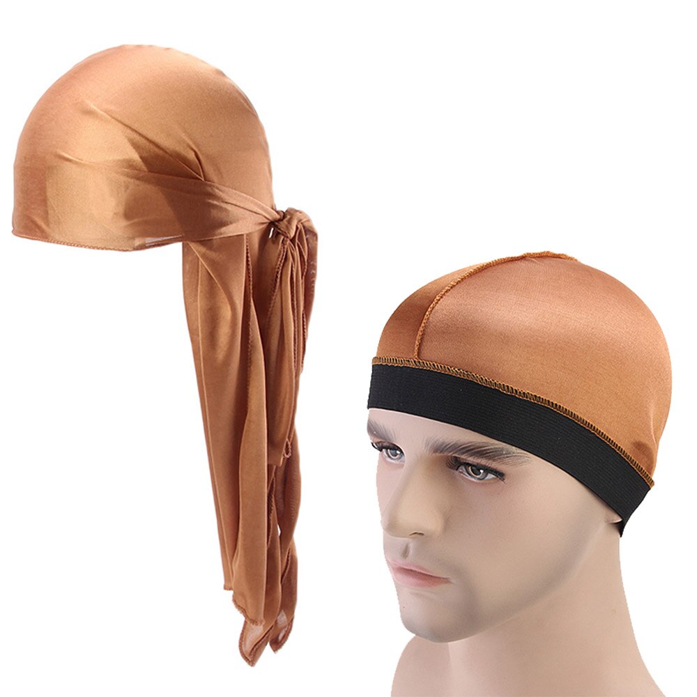 Unisex Durag Long Satin Breathable Turban Du rag Pirate Hat Men Hip Hop Durags 2pcs/lot: Khaki