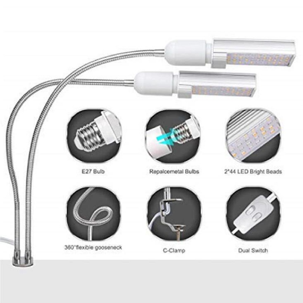 Luces LED para cultivo de plantas, lámpara de espectro completo E27 de doble cabeza Flexible de cuello de cisne para invernadero, Phyto, 45W, 50W, 60W, EU/US