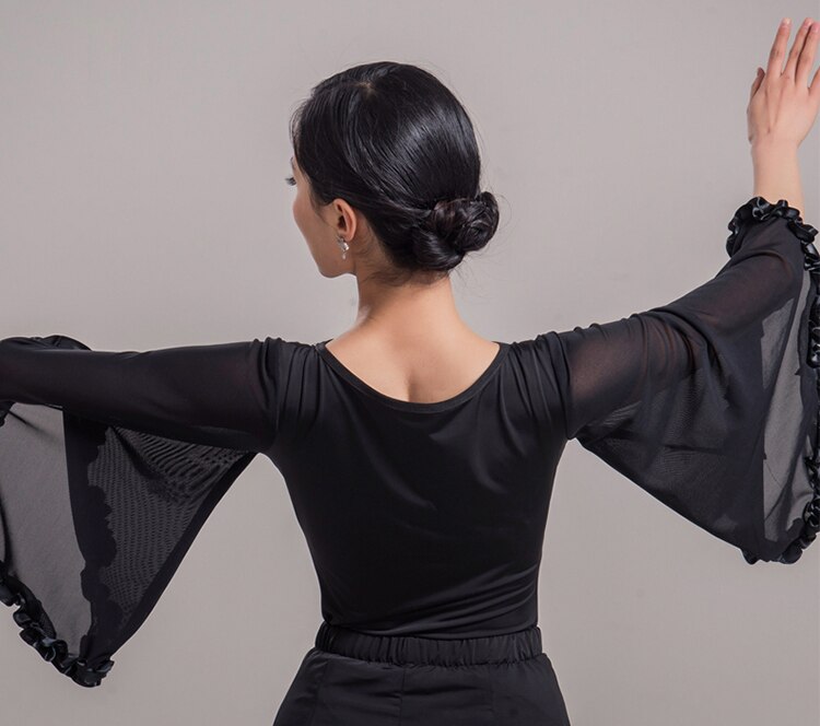 Ballroom Waltz Dresses Top Shirt Dance Competition Dresses Ballroom Dress Standard D0144 Tango Black with Bell Sleeve Ruffles
