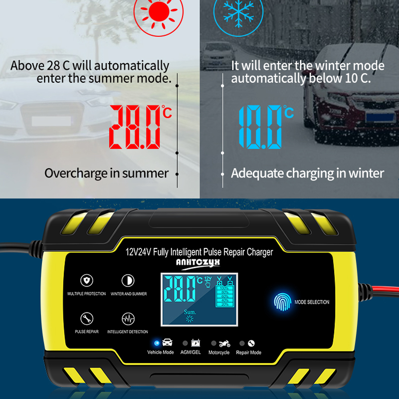 Chargeur de batterie automatique pour voiture, 12V — 24V 8 A, starter rapide pour véhicule, pour batteries au plomb, avec affichage numérique LCD