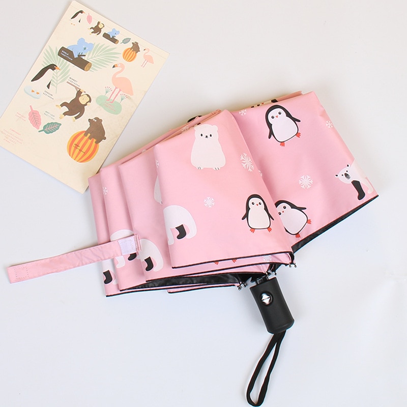 Parapluie automatique pour hommes, femmes et enfants, , petite clarté, pingouin, 3 plis, colle noire: pink