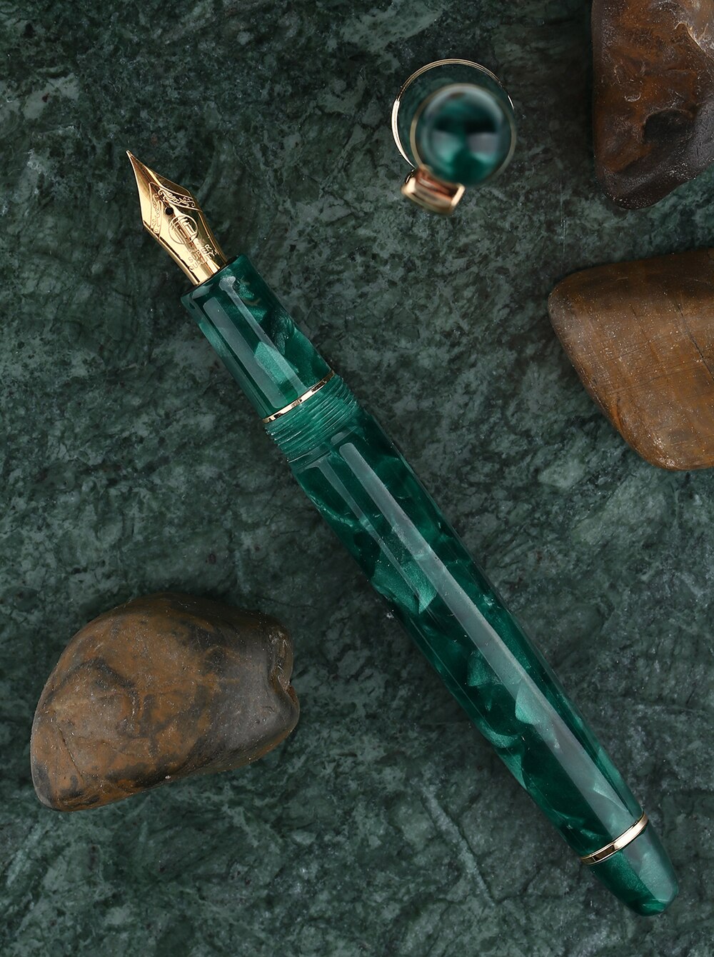 MAJOHN S3 Acrylic Resin Fountain Pen Green Iridium Extra Fine / Fine Nib 0.38 / 0.5mm Writing Ink Pen Gold Trim Office