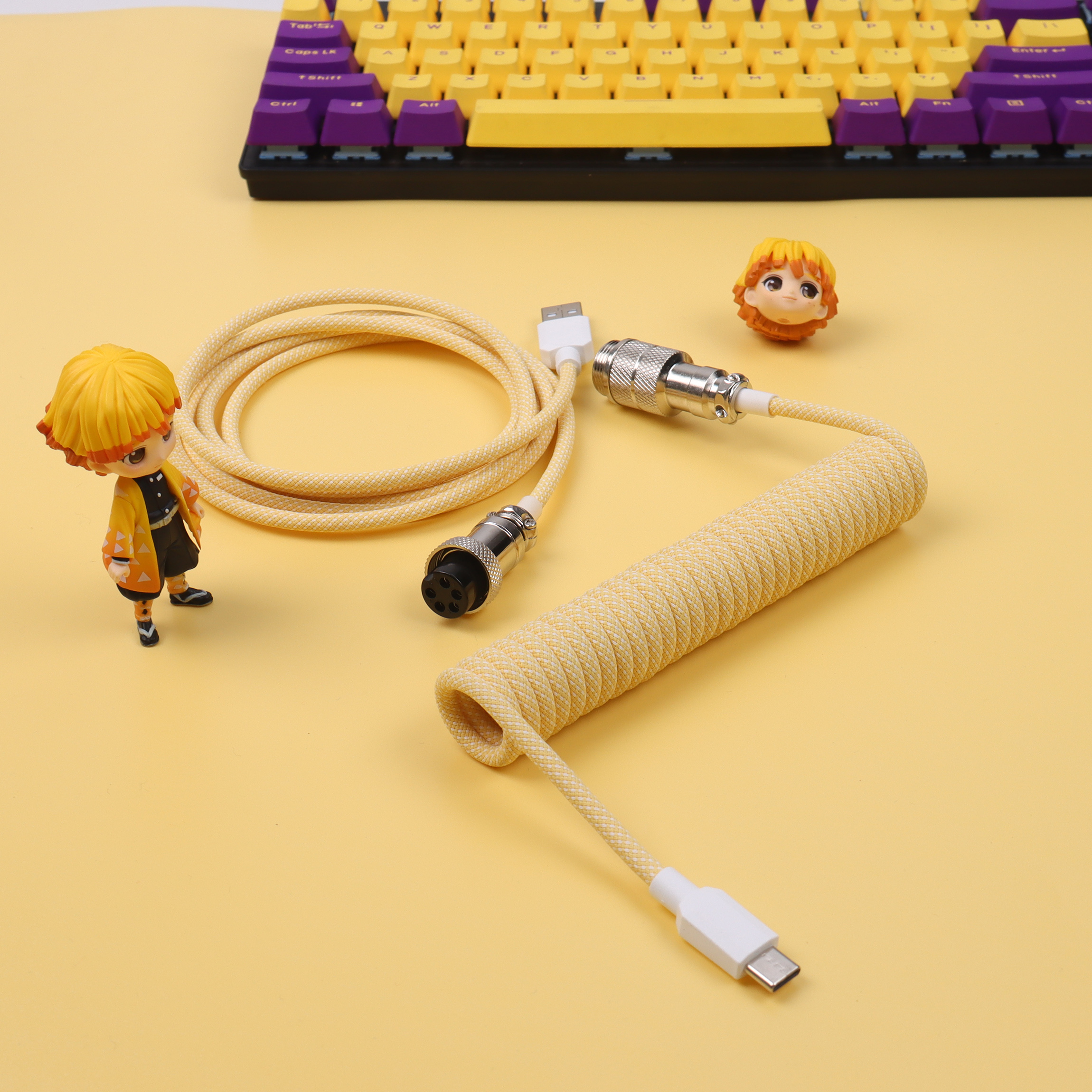 Lano 8 farvevalg macaron spiralkabel type-c til usb mekanisk tastatur data spiralkabel ledning med  gx16 luftfart: Gul