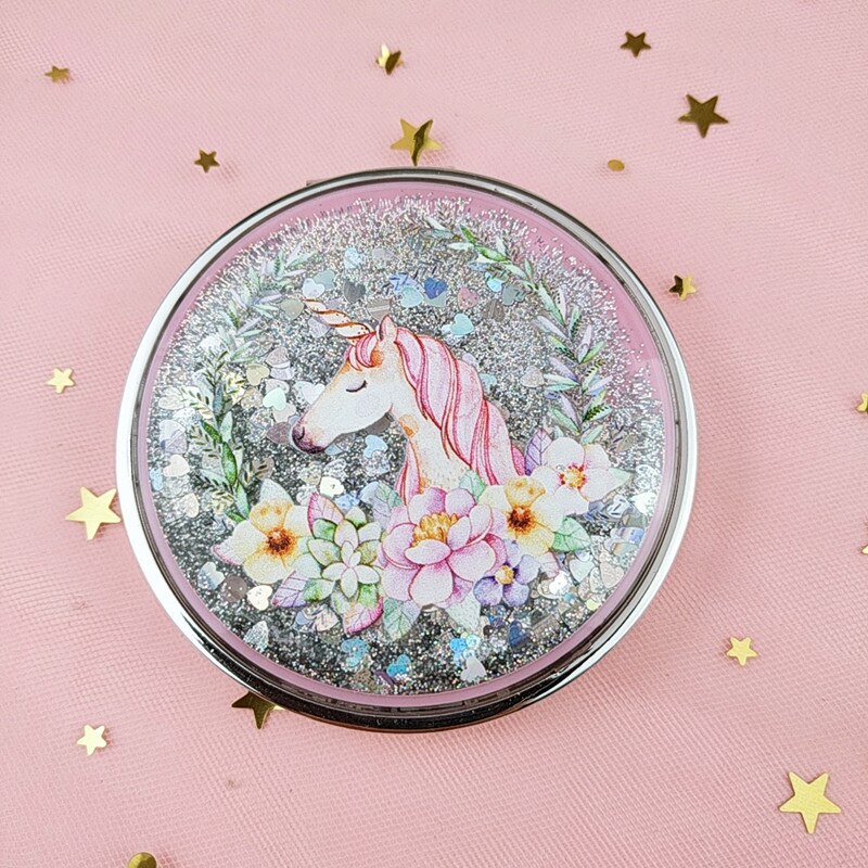 Mini Unicorn Makeup Mirror Compact Pocket Mirror Portable Double-Sided Folding Cosmetic Mirror With flowing sparkling sand
