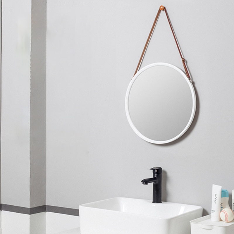 Espejo de pared redondo colgante para baño, marco de bambú sólido y correa de cuero ajustable, decoración de dormitorio, espejo redondo de maquillaje