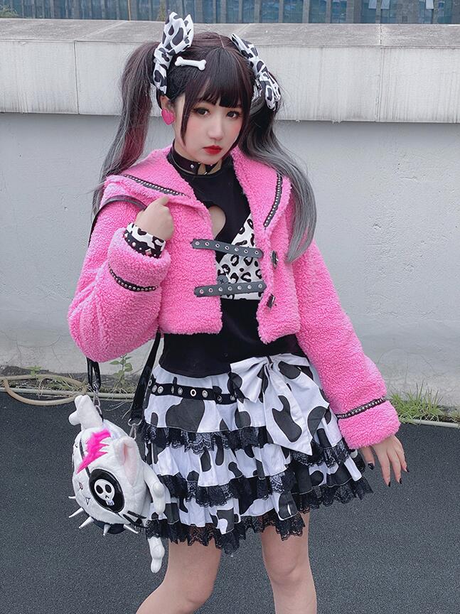 Japanese Harajuku Preppy Style Cow Pattern Girls Bow Lace Cake Skirts High Waist Sweet Mini Kawaii Cool Girl Skirts