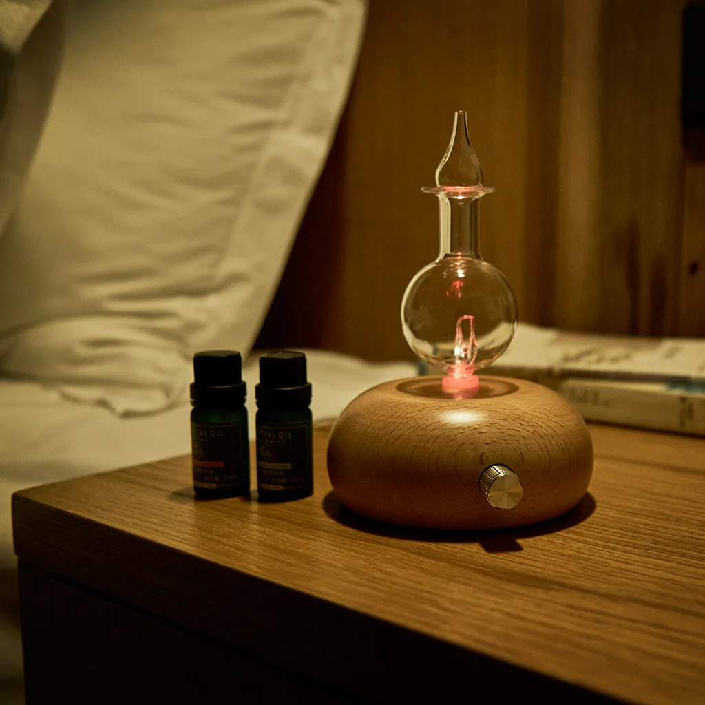 Difusor de óleos essenciais sem água, difusor de fragrância de aromaterapia sem água, nebulizador de aroma de vidro de madeira, vaporizador para casa