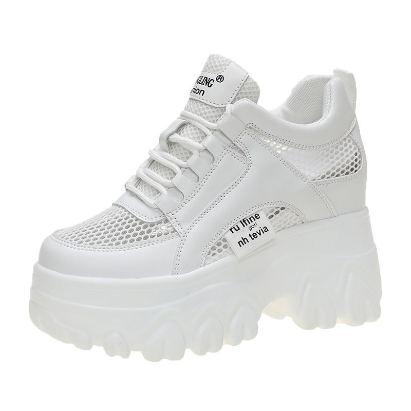 Rimocy Breathable Mesh Women's Wedges Heels Sneakers 2022 Lace Up Chunky Platform Trainers Woman White Thick Heel Sports Shoes: white / 38