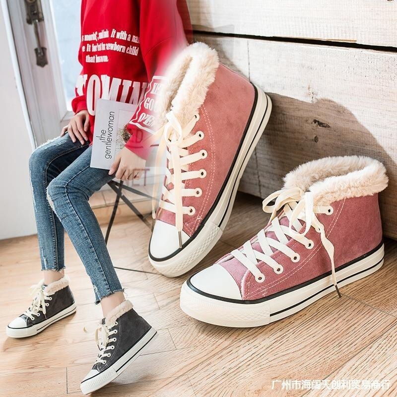 Winterschoenen dames platform sneakers trending dames effen kleur kort pluche zwart roze hoog top sport grote maat