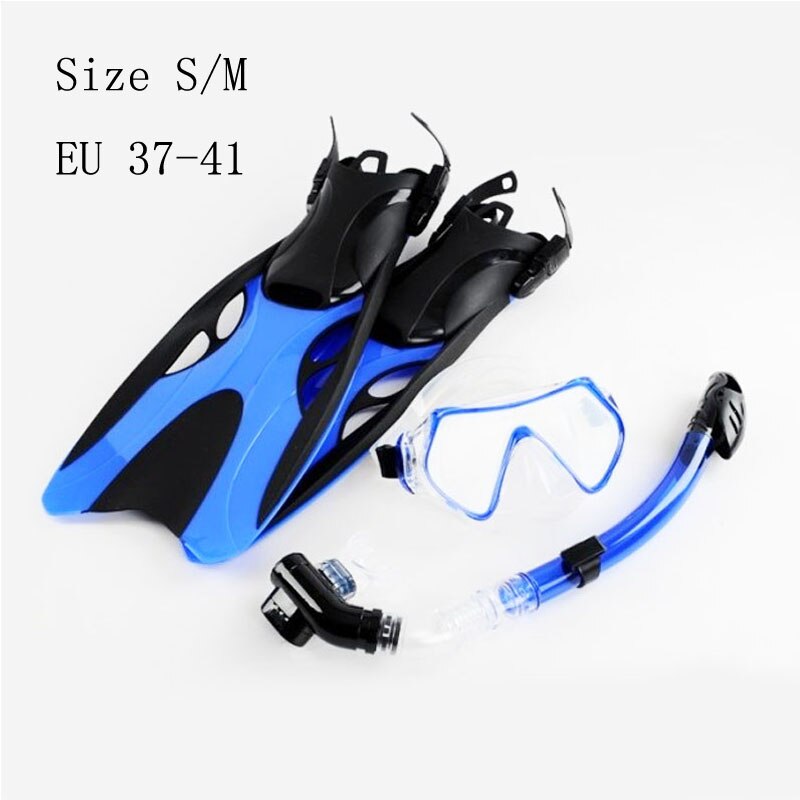 scuba Diving mask adult Swimming Fins with snorkel tube set long Snorkeling shoes monofin Equipment Diving Flippers: Blue Size S M