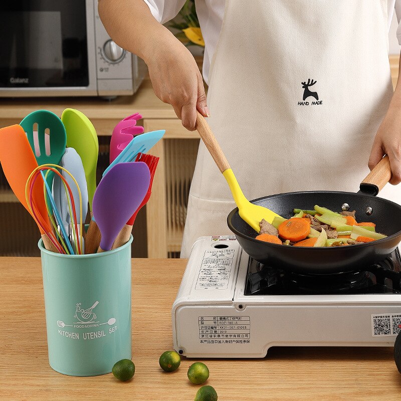 12 Stks/set Food Grade Siliconen Koken Gereedschap Keuken Non-stick Ei Kloppers Spatel Keukengerei Huishouden Houten Handvat Item