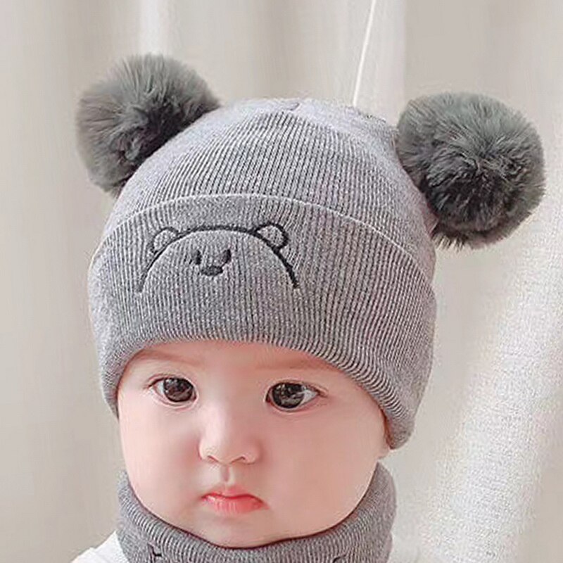 Baby winter warme mutsen 2 stuks peutermuts + twitter pompon kindermuts muts enfant gebreide schattige muts voor meisjes jongens 0-24 maanden: Grijze hoed