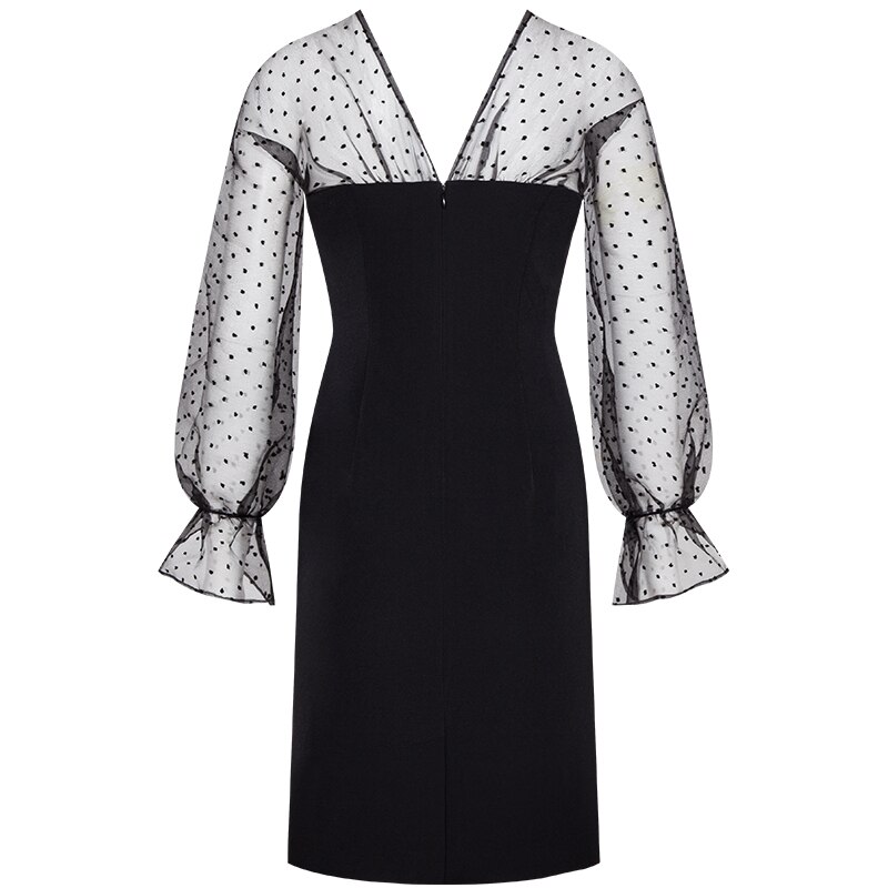 YIGELILA Herfst Nieuwkomers Zwarte Jurk V-hals Lange Sleevs Elegante Jurk knielange Flare Mouwen Jurk 65231