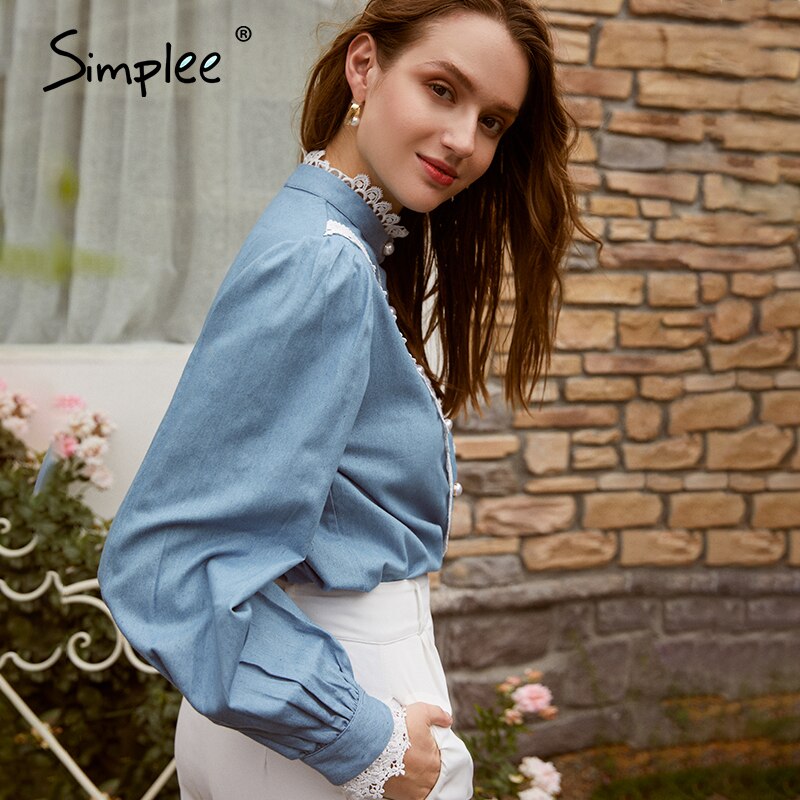 Simplee vintage denimblå kvinder bluse skjorte efterår vinter lange ærmer blonder blå top arbejdstøj afslappet søde dame toppe
