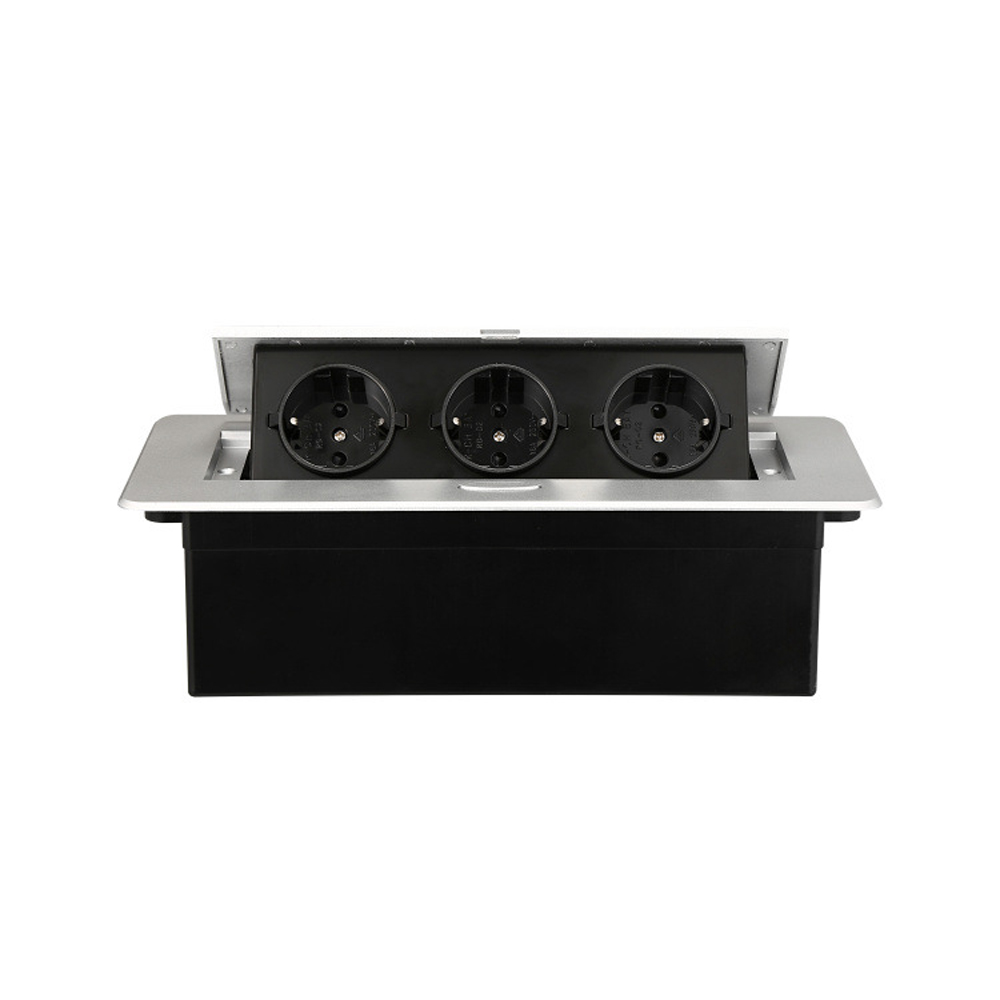 Metal Panel French Standard Hidden Type Table Socket 2/3 Way Outlet USB/EUR/Universal/FR Office Kitchen Cabinet Desktop Aluminum: silver