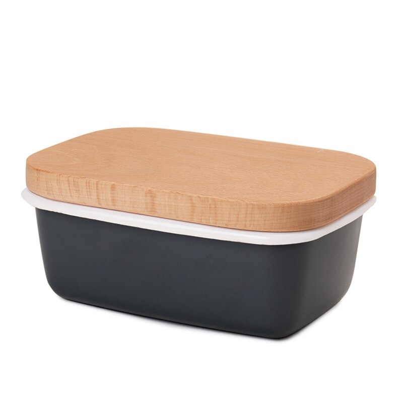 Butter Box Dishes Enamel Butter Container Plates Tray With Wooden Lid Cover Black White Storage Box