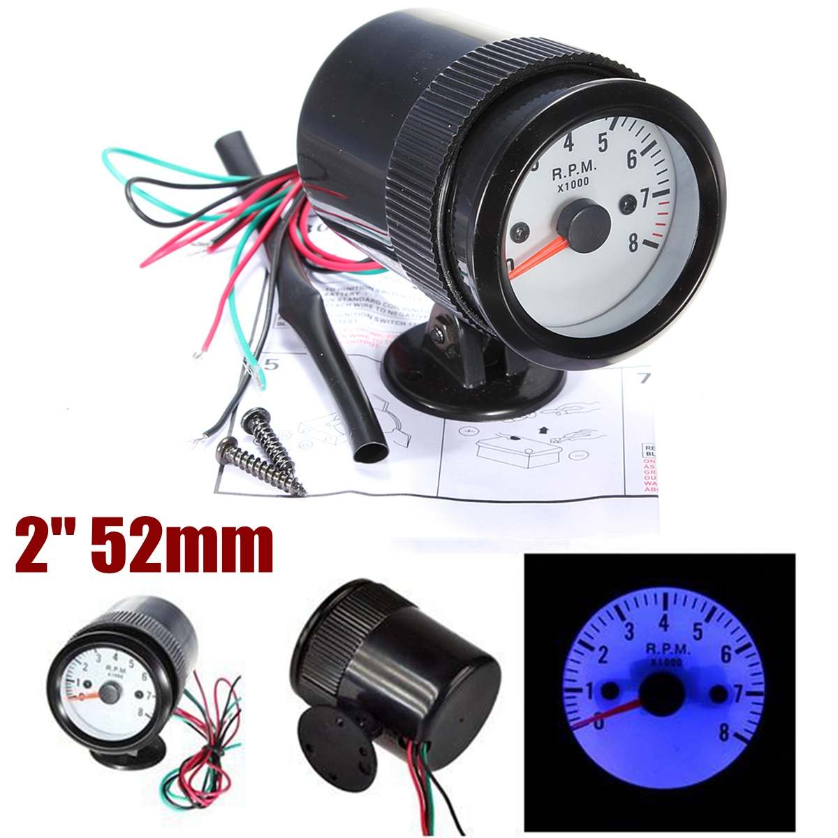2 ''52mm Auto Motorrad Tacho Messgerät Meter Auto Tachometer 0-8000 RPM Blau Lichter 12V