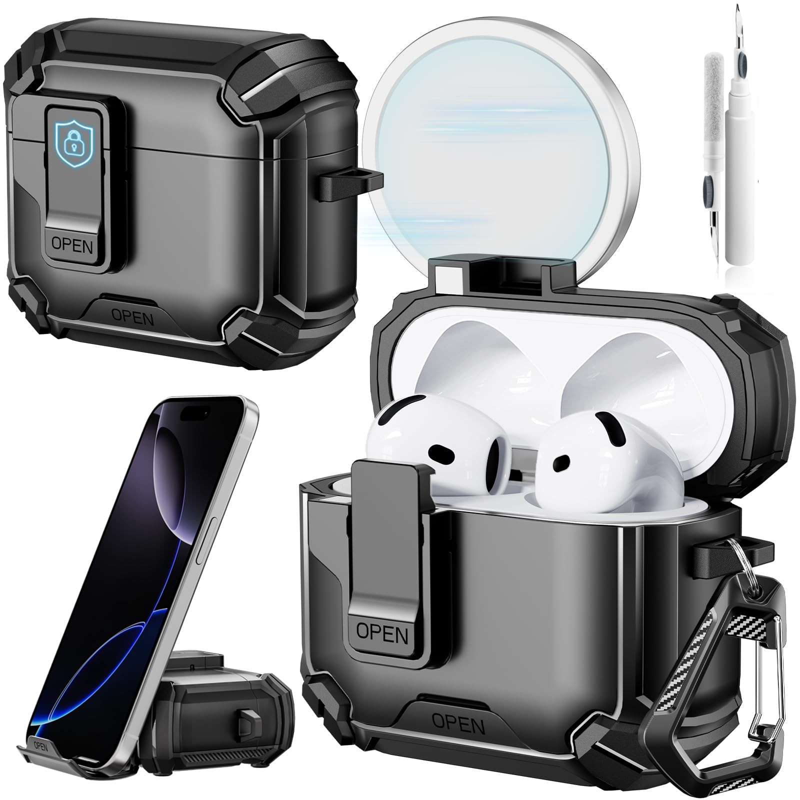 Etui til airpods 4 med magsafe magnetisk automatisk lås med telefonstativ beskyttelsesdeksel med rengjøringssett etui til airpods 4