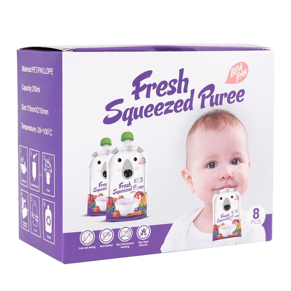 8 Stuks 200Ml Baby Herbruikbare Moedermelk Voedsel Opslag Squeeze Voedsel Zak Draagbare Fruit Groente Babyvoeding Pouch feeding Tassen