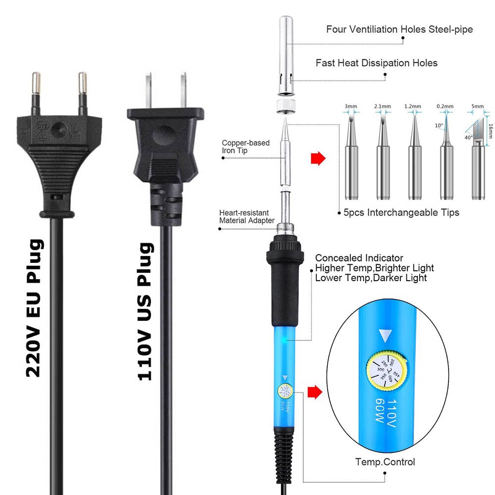 60W Electric Soldering Iron Welding Tool Kit Set Ceramic Heater Adjustable Temperature w/ Solder Pump Wire Tweezer Tip 110/220V