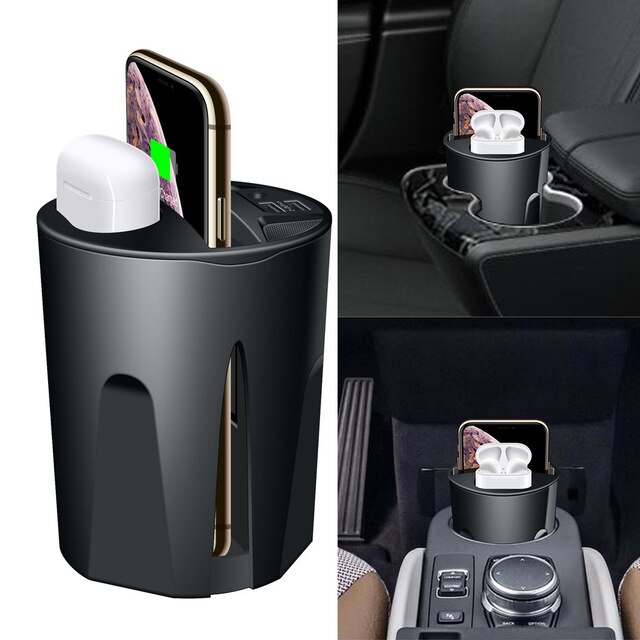 Portabicchieri Caricatore Wireless Auto - Ricarica Rapida 10W - Uscita USB - Con Supporto & Indicatore - Per iPhone 12/11/XS/XR: CN9A Nero