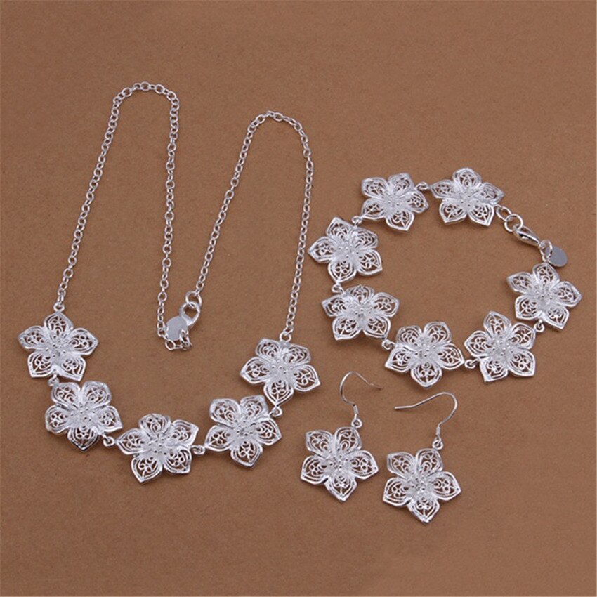 925 Sterling silver Women lady wedding jewelry elegance flower necklace bracelets Earrings jewelry Set 45CM 20CM