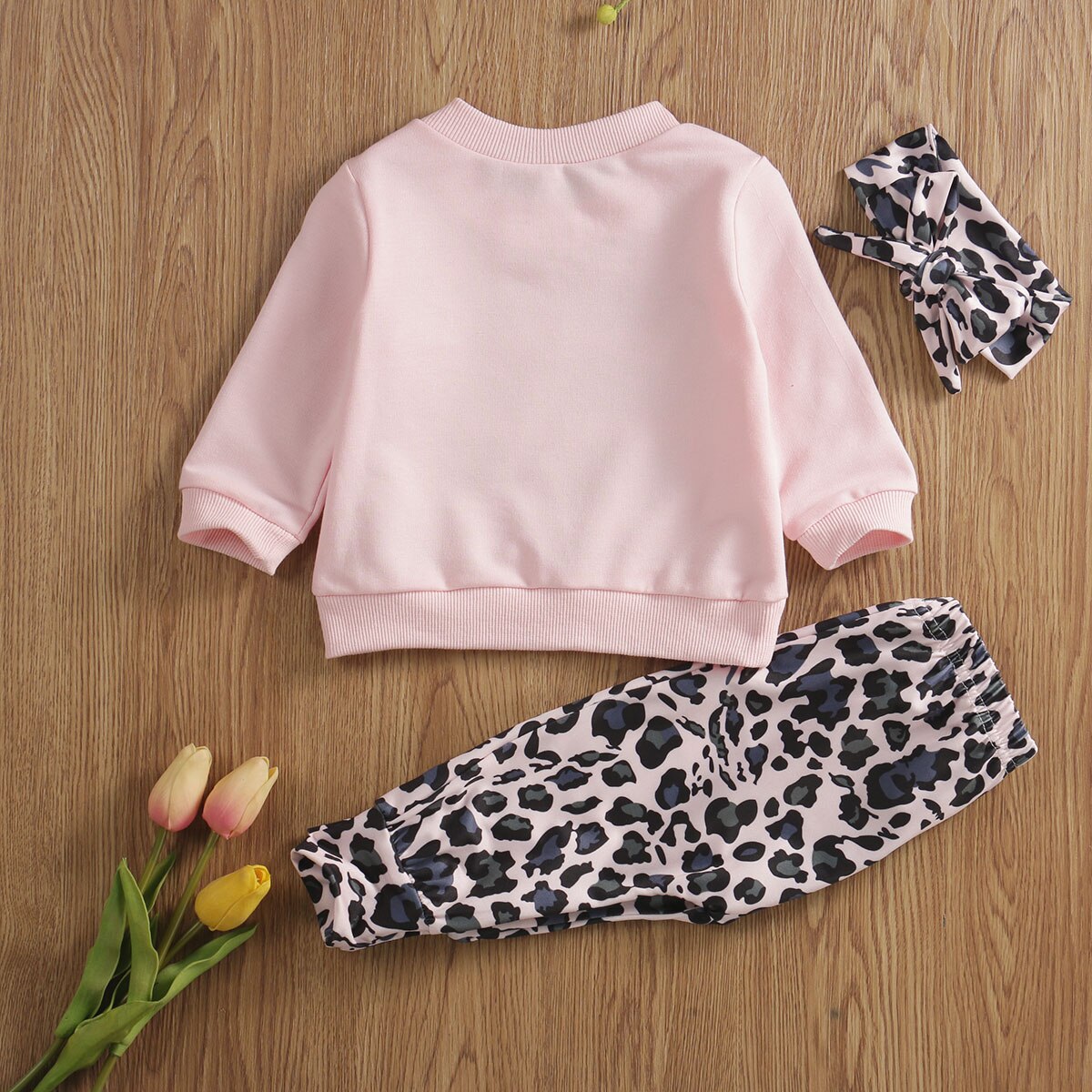 Focusnorm 0-24m nyfødte baby piger drenge tøj sæt brev langærmet pullover sweatshirt toppe leopard bukser pandebånd