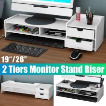2-Tiers Wooden Computer Desktop Monitor Stand Shelf PC Monitor Riser For Notebook TV Screen Riser With Storage Organizer Shelf