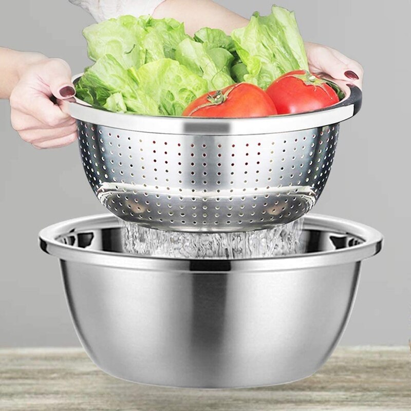Edelstahl Sieb & Küche Schüssel Set für Salat Obst Gemüse Reis Waschen Ablassen, Stapelbar Siebe Mesh,26cm