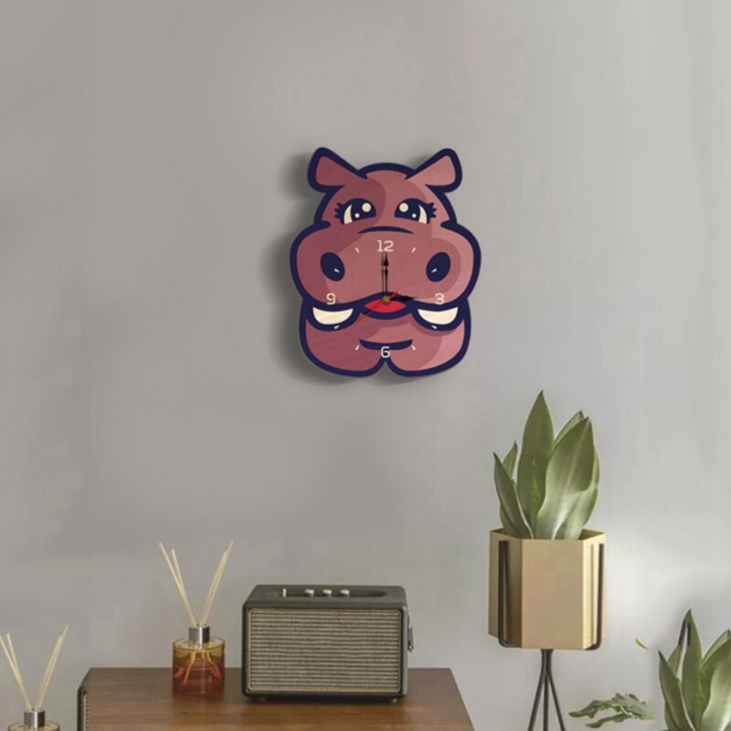 Houten Wandklok Kinderkamer Decor Wandklok Cartoon Stille Wandklok Hippo Wandklok