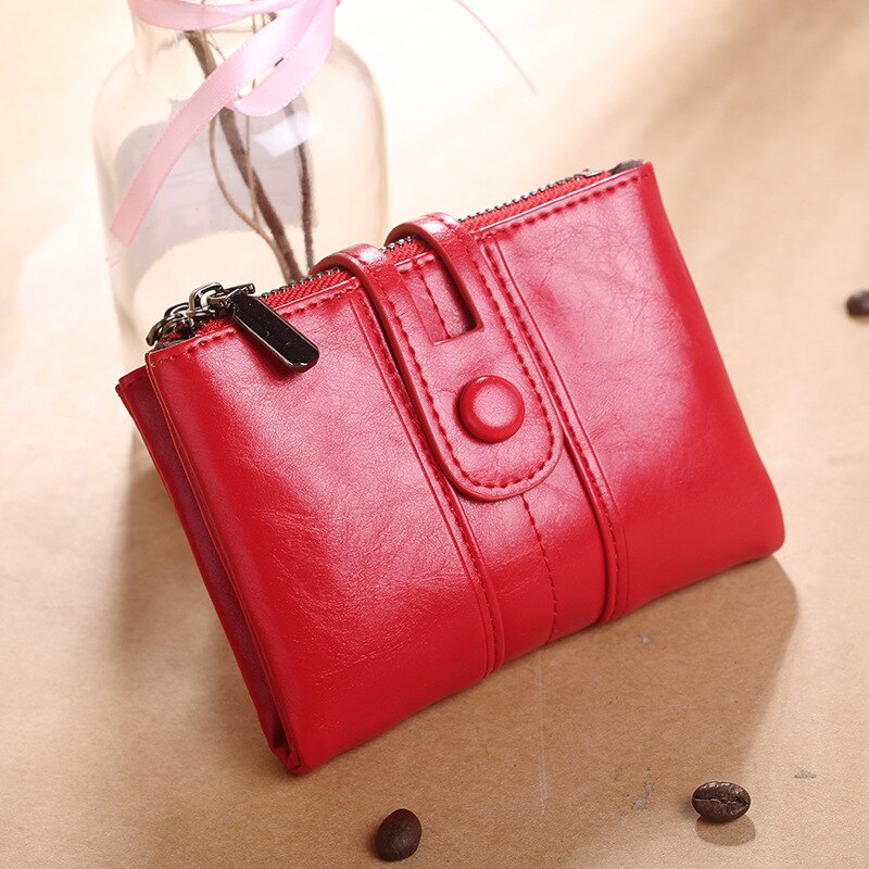 Portefeuille RFID en cuir ciré à l'huile de , Long portefeuille rétro pour femmes, portefeuille féminin porte-carte pochette cartera homme: Short red