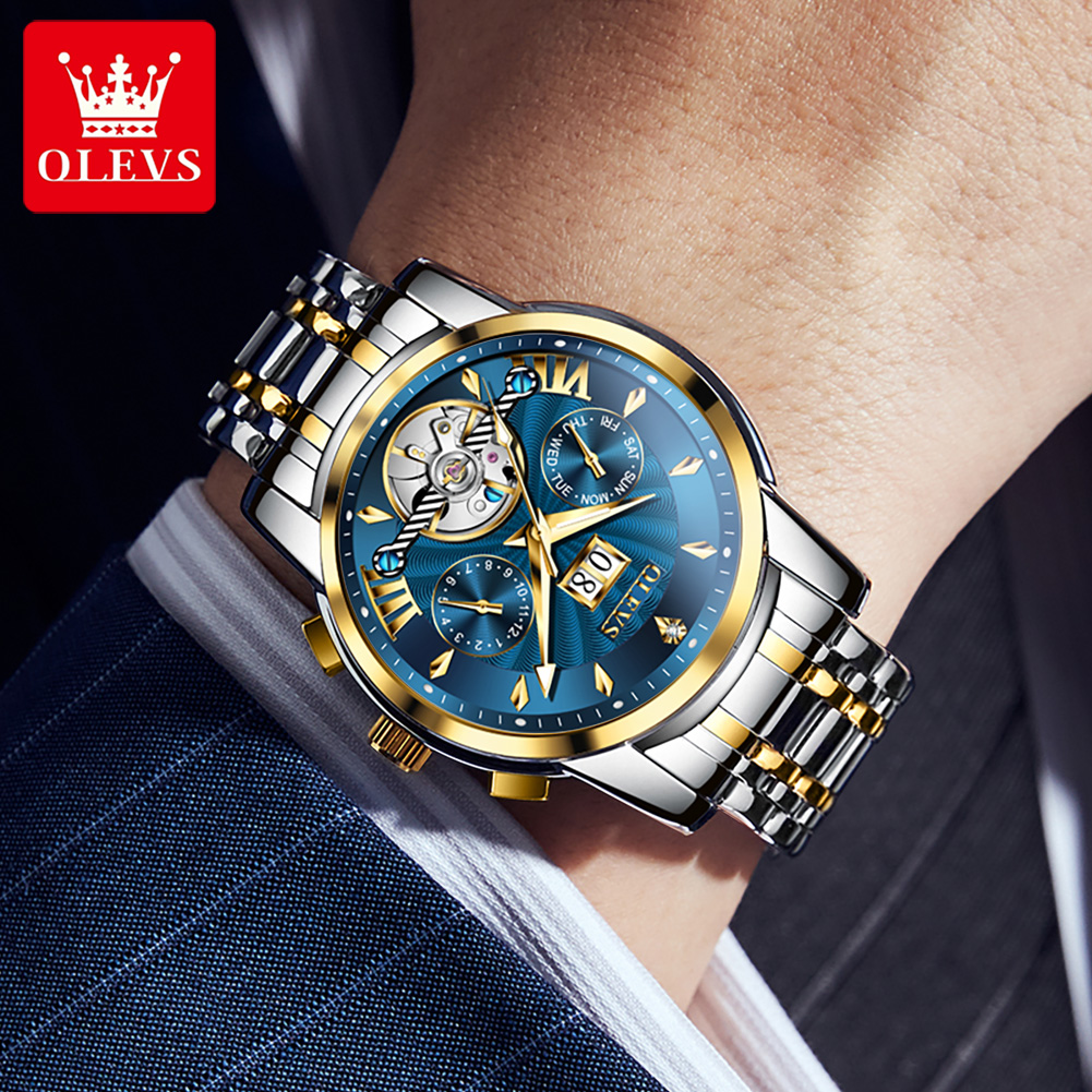 OLEVS 9965 Herrenuhr, klassisch, aushöhlen, automatische mechanische Uhr, Originalwerk, wasserdicht, leuchtender Kalender, Jahr, Mond