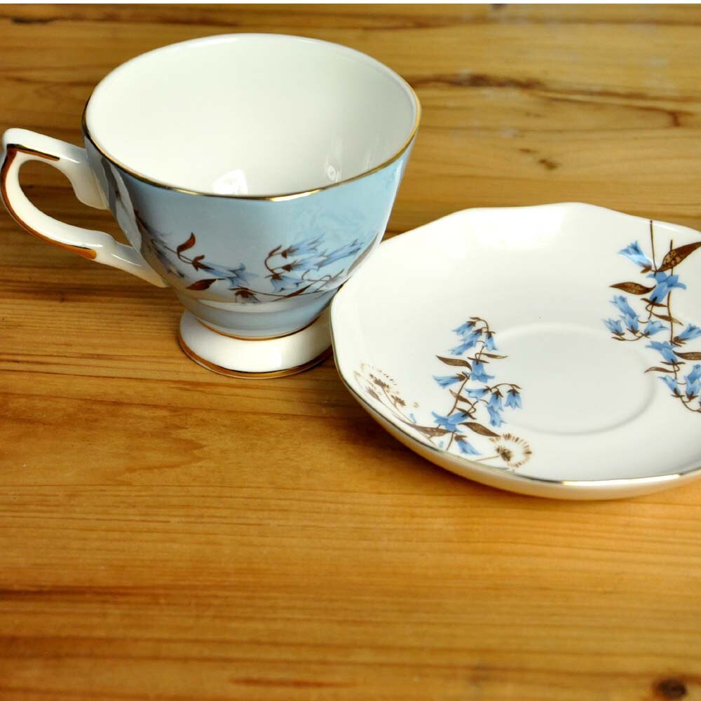 Bone porcelæn ,1 kop +1 underkop, eftermiddagste sæt, keramik til kaffe og puer/sort/frugt/blomst te, blå klokkeblomst