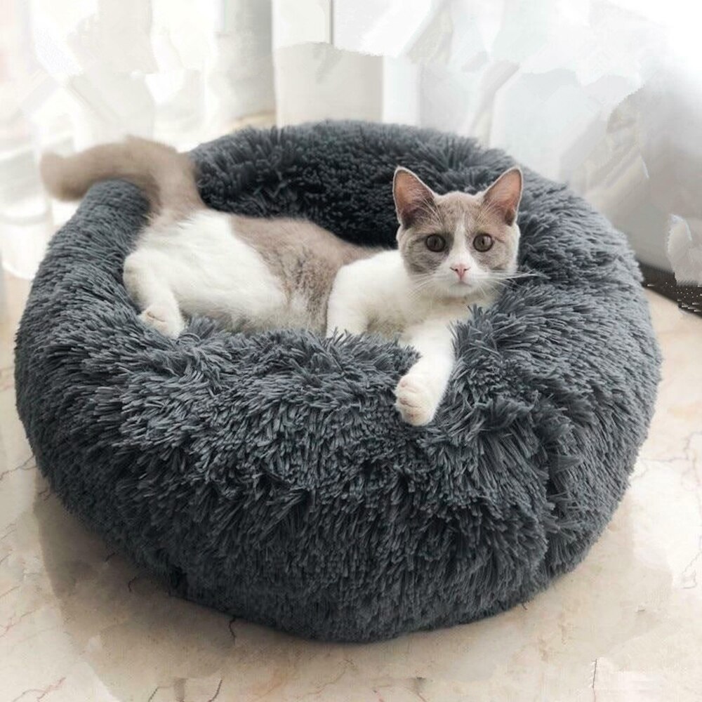 Ronde Pluche Kat Bed Huis Zachte Lange Pluche Kat Bed Ronde Hond Bed Voor Honden Katten Nest Winter Warm slapen Bed Puppy Mat