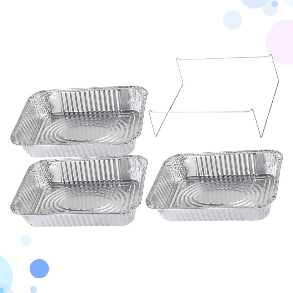 4 Stuks Wegwerp Bbq Drip Pan Aluminiumfolie Tin Barbecue Pan Voedsel Container Liner Trays Takeaway Verpakking Box Met Cover(3500Ml 3P: Silver