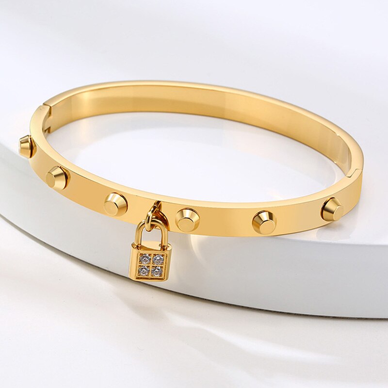 VORHÄNGESCHLOSS MANSCHETTE Armbinde ARMREIF EDELSTAHL CZ GESPERRT ELEGANTE STAPELN SCHMUCK