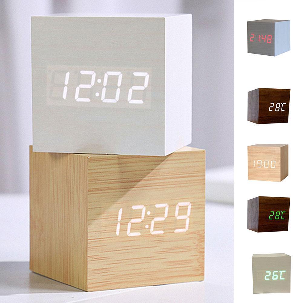 Alarm Clock LED Wooden Watch Table Voice Control Digital Wood Despertador USB/AAA Powered Electronic Desktop Clocks