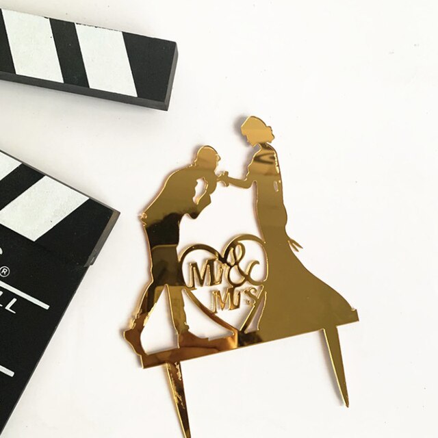 Wedding Cake Topper Mr Mrs Bride Groom Cake Decoration for Proposal Engagement and Wedding Gold and Black: B Gold