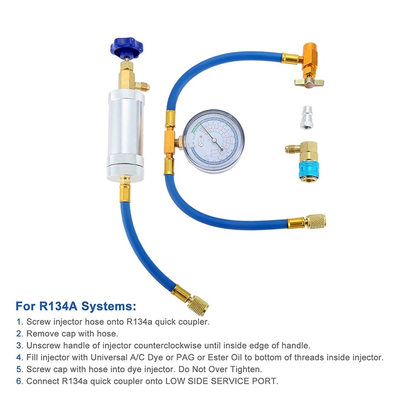 Air Conditioner A/C Oil Injector Tool R134A Low Side Quick with Gauge Refrigerant Inflation Hose R12 R134A Adapter