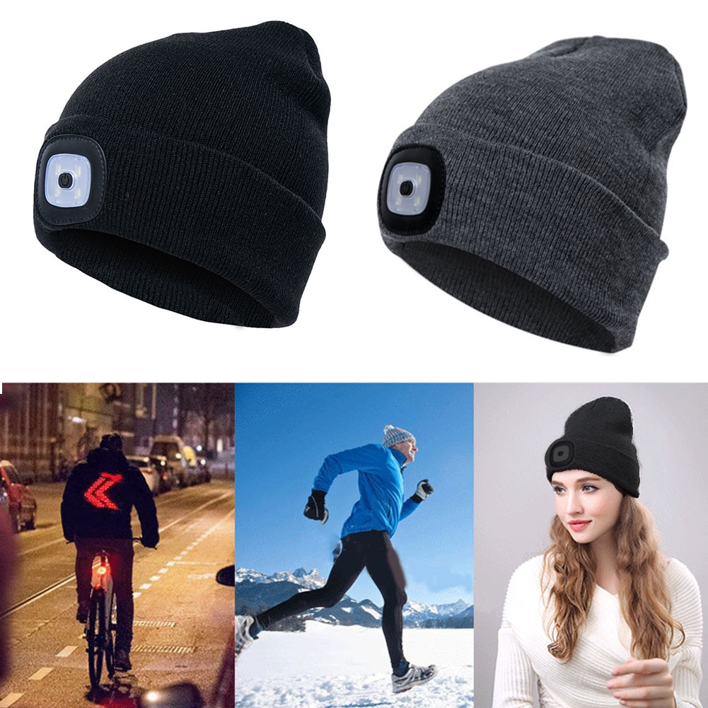Led lys hat unisex efterår vinter udendørs fiskekasket løb strikket hue hue klatre pullover kasket til camping
