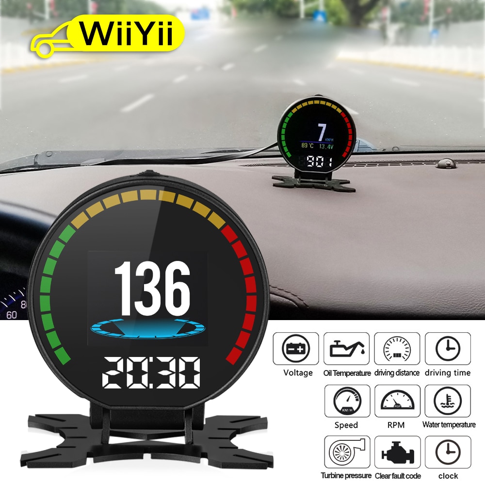 WIIYII P15 Head-Up Display HUD OBD2 Temperature Car KM/h MPH Turbo Boost Pressure Speed Projector On The Windshield For Car