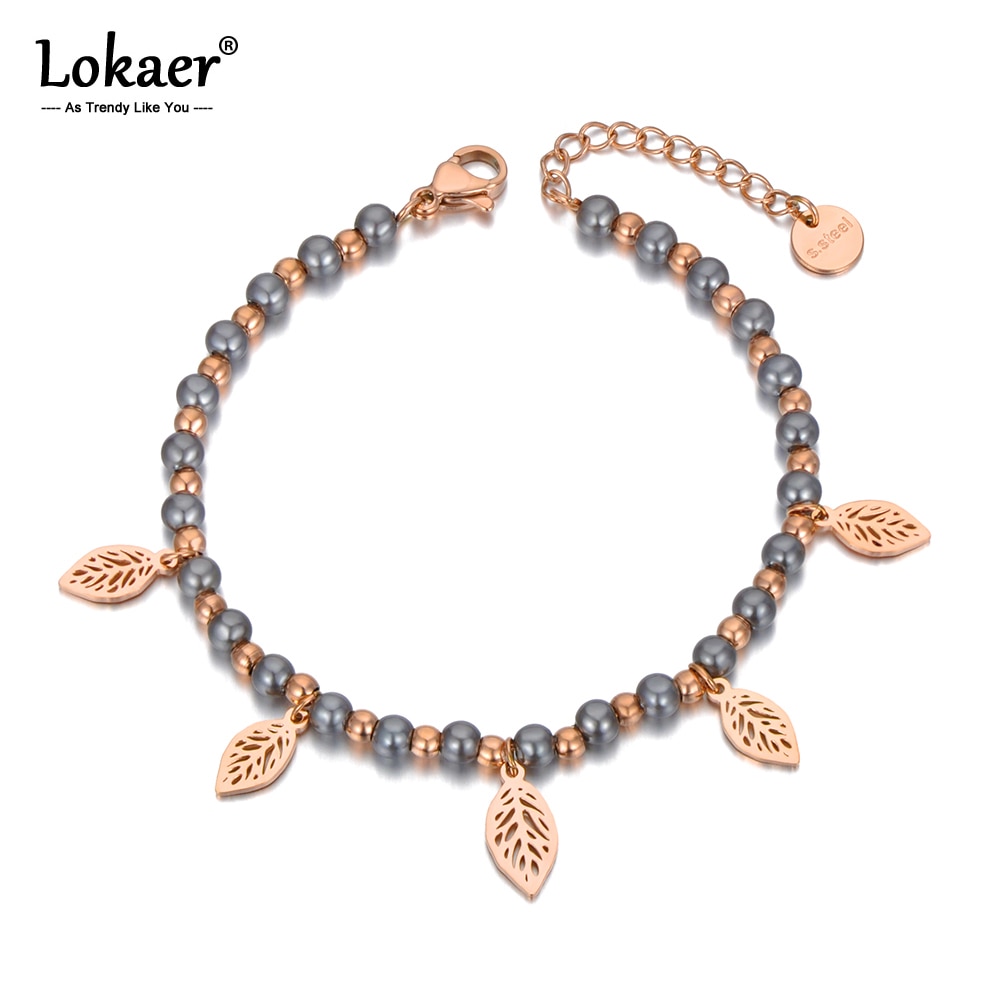 Lokaer titanium roestvrij staal bohemian strand parel kralen armbanden voor vrouwen trendy 5 stuks bladeren bedel armband sieraden  b20115