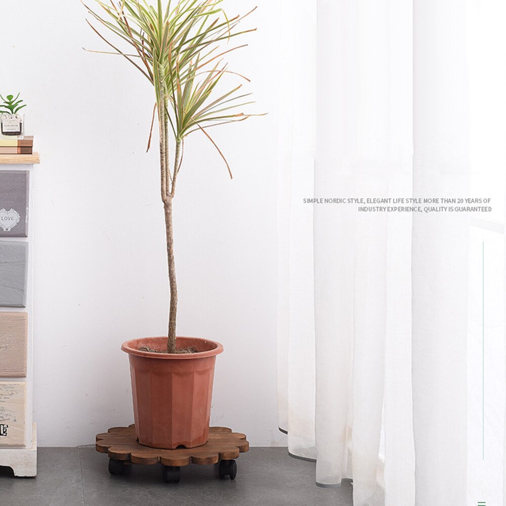 Flower Pot Cart Solid Wood Planter Trolley Flower Pot Stand Wooden 360° Swivel Castors Movable With Wheels Mobile Plant Stand